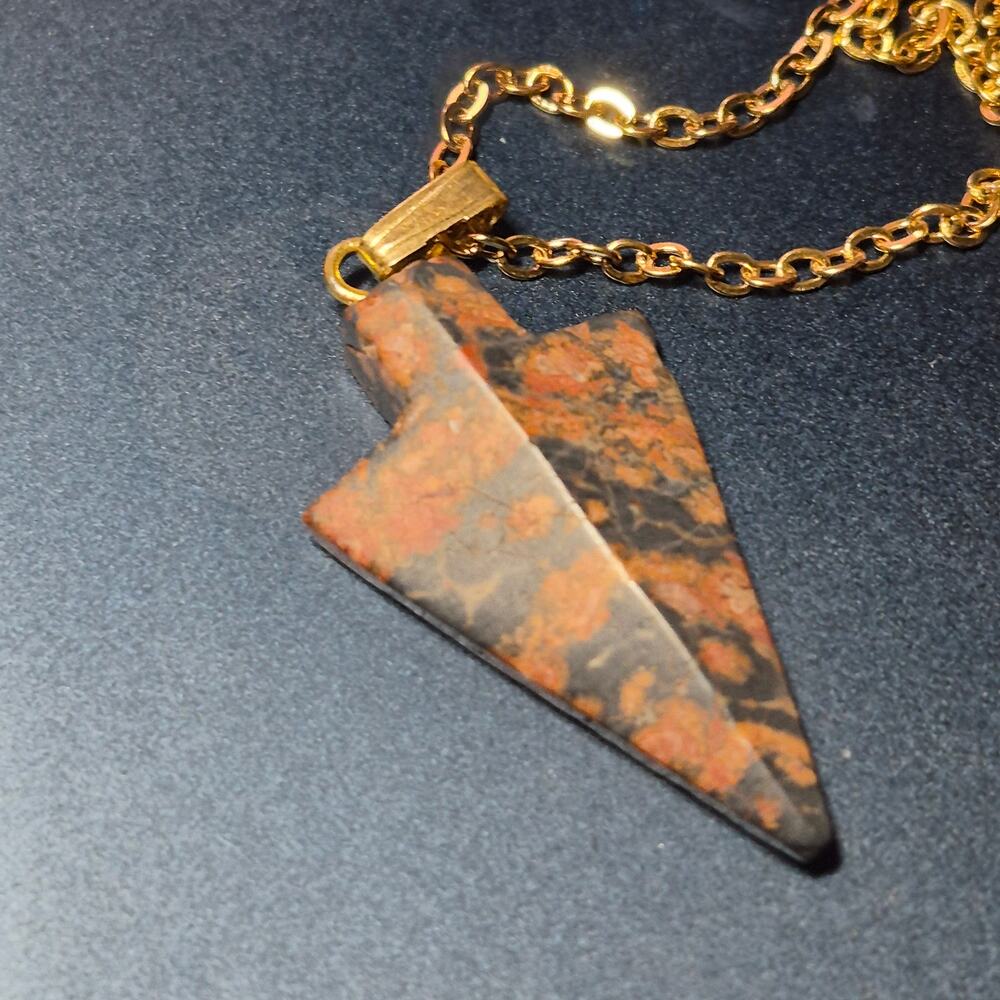 Genuine Brecciated Jasper 3/4" Arrowhead Pendant PVD Stainless Chain